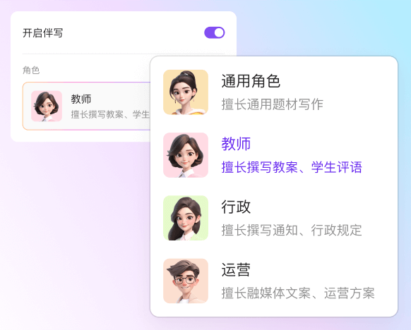 图为 AI伴写的多角色选择,可针对不同领域切换辅助角色